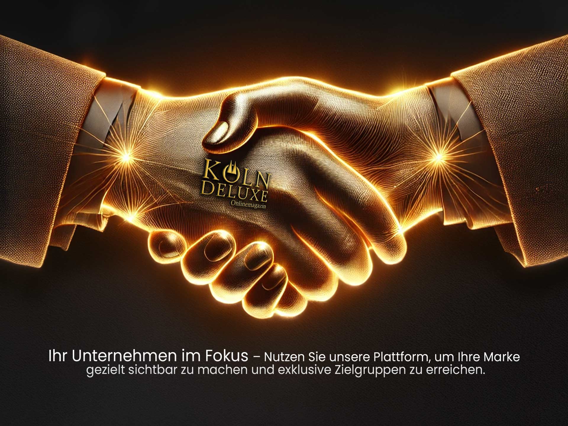 Luxuriöser Händedruck mit golden leuchtenden Linien, die zwei Hände verbinden, sowie das Köln-Deluxe-Logo, das professionelles Networking symbolisiert.